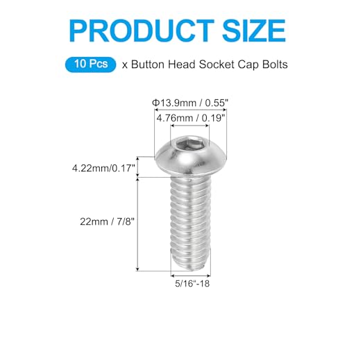 5/16-18x7/8" Hexagon Socket Head Schroeven, 10 st Roestvrij staal 304 18-8 Allen Hex Drive Volledige draad fijne draad unc