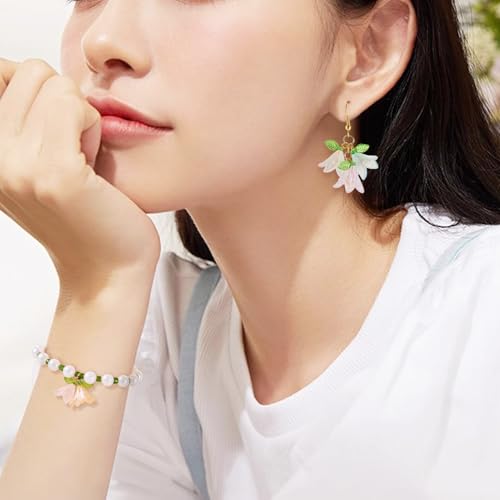 Acryl Lily Flower Bedels met glazen parel kralen, Green Leaf Flower Hangers Petal Flowers Hangen Charms voor DIY ketting oorbellen sieraden maken, acryl, acryl 4