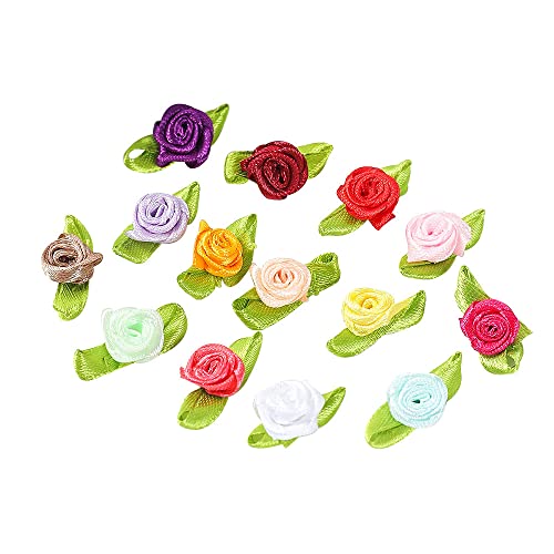 Verpakking van 100 Mini kunstmatige bloemen Rose hoofden met blad appliques voor ambachten decoratie Garland, Multi-gekleurd