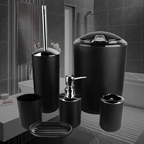 Badkamer Accessoires Set, 6 stuks, Zeepdispenser, Zeepbakje, Tandenborstelhouder, Aanrechtbeker, Toiletborstelhouder, Prullenbak, Badkamer Set (Zwart)