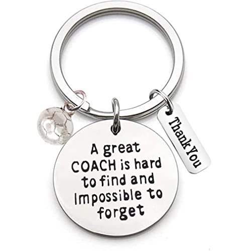 Stainless Steel Keyring met graveren "Een grote coach is moeilijk te vinden en onmogelijk te vergeten" en Voetbal Ornament Key Ring Teacher Coach Keychain Gift voor lerarendag, zilver, M, zilver 3