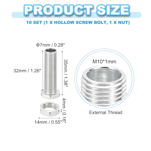 M10 x 35mm Hex Socket Schroeven en Noten, 10 st Fijne draad Holle Schroeven Assortiment Hex Schroef door Hole Bolts Chandelier bevestigende elementen