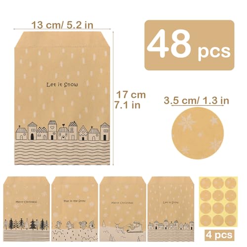 48 stuks kerstzakjes, adventskalender, Kerstmis, om te vullen, cadeauzakjes, Kerstmis, kraftpapier, stickers, etikken, Kerstmis, gastgeschenken voor snoep, geschenken (wit en zwart)