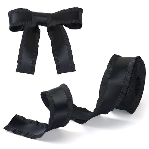 1 Rolls Black Polyester Ruffle Ribbon 1-5/8" x 10 Yd Ruffle Edge Ribbon Thin Ribbon for Wrapping Crafts Present Holiday Party Clothing Making DIY Supplies Decoraties