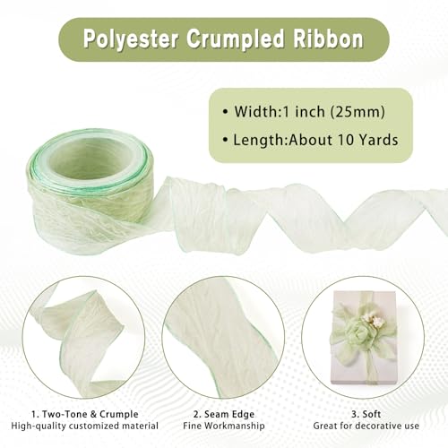 Gerimpelde Chiffon Ribbon 25mm Tulle Ribbon Gekromde Lace Libbons met bedrade rand voor het maken van bruiloft kransen decoratie, licht groen 3