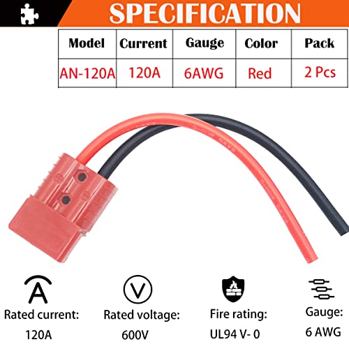 120A 600V Batterij Plug Batterij Cable Connector Batterij Quick Coupler/Connection Plug met 6 AWG 25cm Siliconen Kabel voor Boot, Caravan, Auto, Camper (2 Sets, Rood) 4