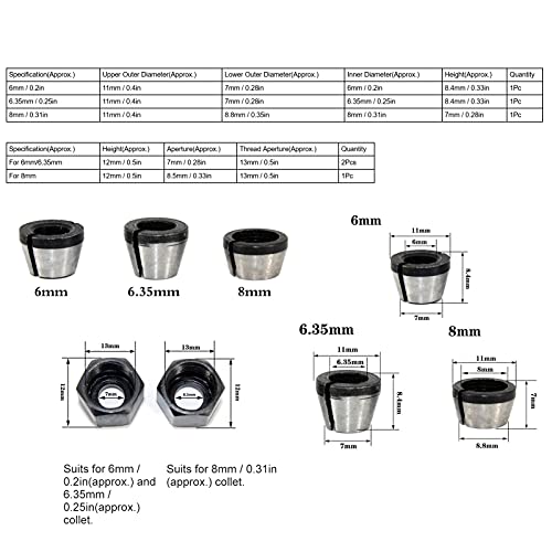 6-delige Routerspantangadapterstuk Metrische Doppenset Koolstofstaal 6 Mm 6,35 Mm 8 Mm Set Kit Met Moer Voor Trimmer Metrische Maat Hoge Nauwkeurige Routersjabloon Gidsborgmoer En Adapterkit 4