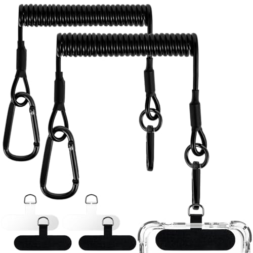 Reloqq 2 stuks Flexibele spiraalkabel, mobiele telefoonhouder, rugzak, telefoonband, mobiele telefoonhanger, mobiele telefoonhanger, zwarte intrekbare telefoon, zwart