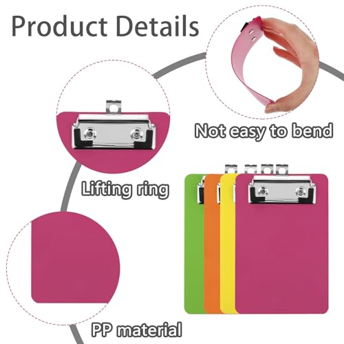 Pak van 4 klembord klembord A6 Plastic klembord klein met rubber metalen klem en hangoog, draagbare klemborden voor kantoor, werkplaats, keuken, 15 x 10 cm (oranje, rood, geel, groen) 3