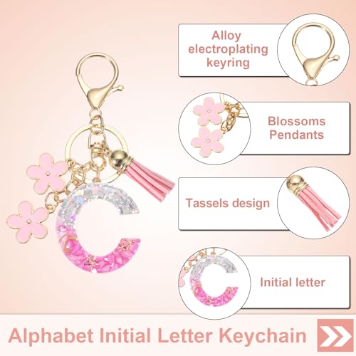 Alfabet eerste brief sleutelhanger, Hars leuke hanger bloemen brief C hanger voor vrouwen handtassen en handtassen accessoires, roze 3