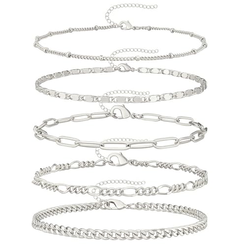 5 stuks zilveren enkelband voor vrouwen, vintage enkelkettingen voor vrouwen, enkelband voor vrouwen, prachtige stapelbare armband set, sieraden voor moeder, vriendin, vrouw, zuster, 8, Zilver