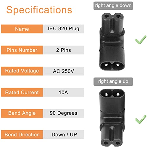 IEC C8 tot C7 2 Pin rechterhoek 90 graden naar boven Man Vrouwelijke Power Extension Adapter voor TV, AC 250V 2.5A IEC320 Connector voor Printer Wall Mounted TV, 4 Pack 4