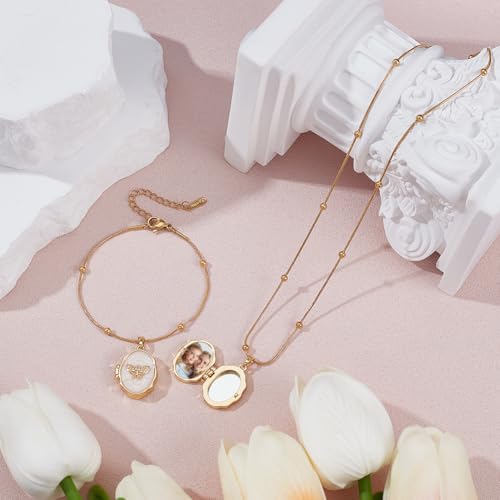 2 stuks roestvrij stalen ketting armband set, Vlinder foto Locket Charm met messing Micro Pave CZ Geheugen Keepsake sieraden voor bruiloft verjaardag verjaardag cadeau, Golden 4