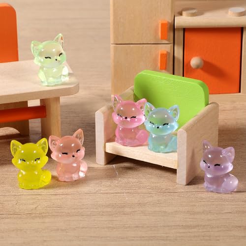 24 stuks Mini Luminous Resin Fox, Meerkleurige Small Fox Decoration Glowing in the Dark, Cute Fox Figures, Mini Resin Animals for Dollhouse, Pot Decoration, Aquarium, Tuin 3