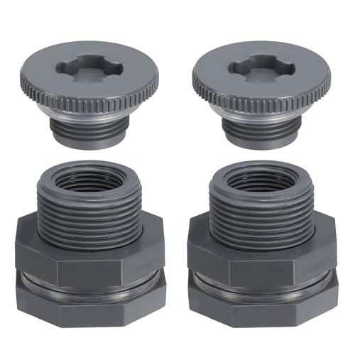 PVC Bulkhead Fitting met Plug NPT 3/4 inch, 2 stuks Bulkhead Water Tank Connector met Silicone Seal Pakking Tuinslang Fitting met Plug voor Regenemmer, Spoelen, Aquariums, Grijs