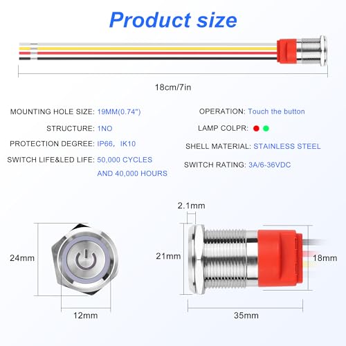 19mm Touch Switch, 0.74 Inch LED Latching Switch, DC 6V tot 36V, IP67 Waterdichte metalen Momentary Touch Knop voor 3/4" Drill Hole