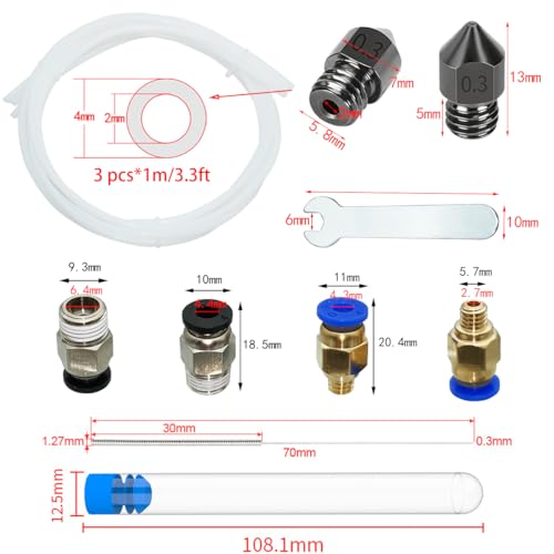 MK8 Nozzles 0,3 mm, 6 Pieces Nozzles voor 1,75 mm Filament Ender 3 Ender 3 Pro CR-10, met 3 Cleaning Steel Naalden 0,3 mm, 3 x 1 m Teflon slang + 1 Piece PC4-M6-M10 + 6 mm sleutel