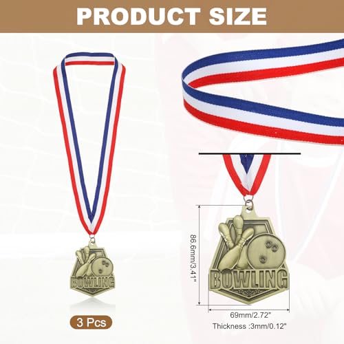 Bowling Games Embossing Gold Award Medailles met rood wit en blauw lint, 3 stuks Winnaar Medailles Gold Silver Bronze Awards voor de competitie Sport Party, Gold