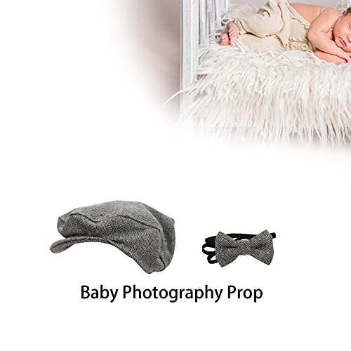 Flat Cap Gentleman Hat Bowtie Photography Prop Pas geboren Baby Fotografie Props Hat met Bow Tie Set(donker grijs) 4