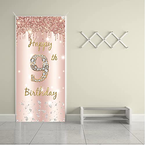9th Birthday Girl Decoration, Happy 9 Birthday Rose Gold Door Banner, 9th Birthday Fabric Sign Poster Decoration Banner, 9th Birthday Achtergrond Banner Birthday Party Decoration 5