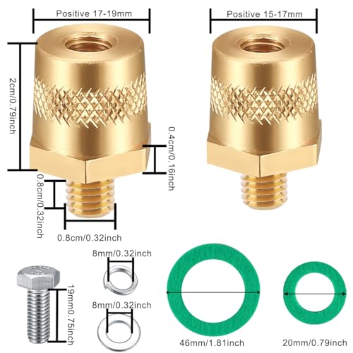 2 stuks M8 Batterij Terminal Adapter Auto Batterij Pole Connector Messing Tone M8 Side of Top Post Threaded Terminal Opladen Post Extender Conversie, voor Auto Truck Yacht