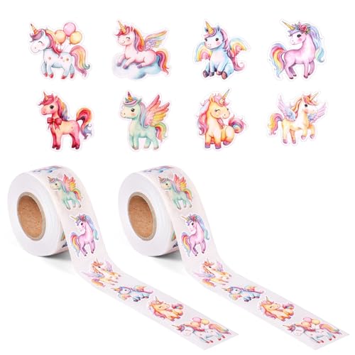 2 Rolls Unicorn Rainbow Stickers, 1000 stuks Cute Cartoon Eenhoorn Stickers DIY Craft Reward Stickers voor Envelopes Dieren Stationerie Verjaardagsfeest Geliefden