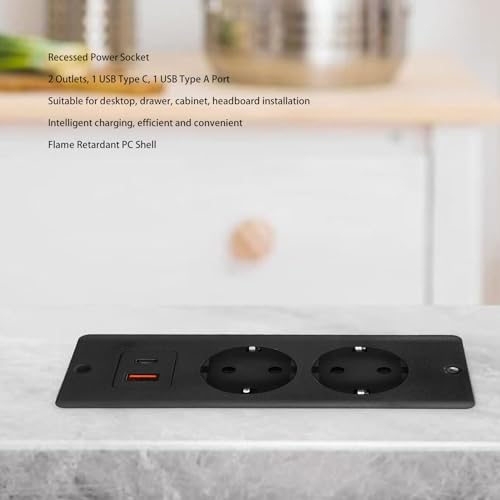 Inbouw Power Outlet, Ingesloten Socket Socket Inbouw Socket 2 Power Outlets met PD20W USB C USB A Port Inbouw Meubel Power Strip 1.5M Cord EU Plug 230 5
