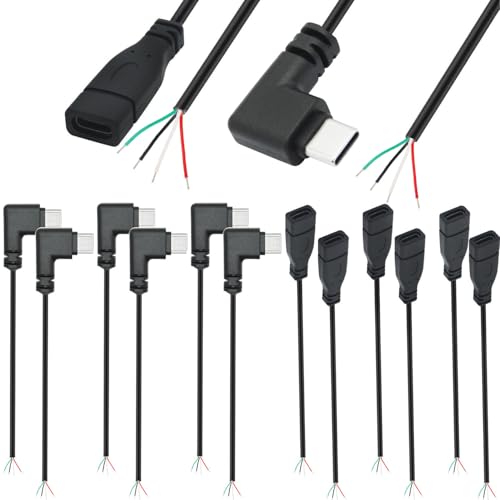 12 st Pigtail USB C, 4 USB-kabels, Bare Wire, 90 degree USB C, mannelijke en vrouwelijke bare Wire, USB C-kabel naar kale kabel, 28 AWG DIY Pigtail Power Cord (30 cm)