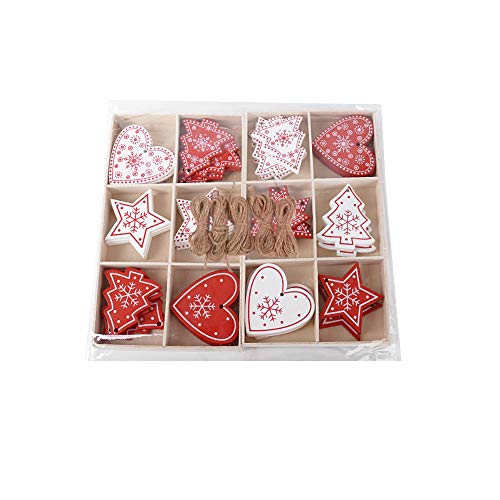 SERWOO Set van 48 Houten Kerstversieringen met Hole Kerstboom + 2 Opbergdozen + 5 Touwen Ornament Kerstaccessoires Kerstversiering Boomboom (12 Modellen) 4