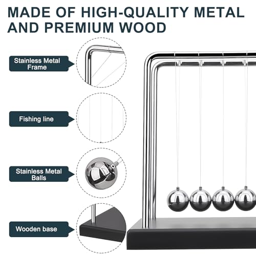 Newton's Cradle Balance Ball Speelgoed, Steel Bureau Decoratie met houten basis voor Office en Home, Natuurkunde, Wetenschap, Kineetisch, 5-Ball Swinging Ontspanning Tool, 19,5 x 12 x 15 cm, Zilver 4