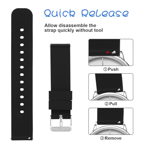 Pakket van 2 Siliconen horlogebandjes, 20mm Siliconen horlogebandjes met Quick Release Band, Siliconen horlogebandjes met Zwarte of Zilveren Roestvrij stalen riem 4