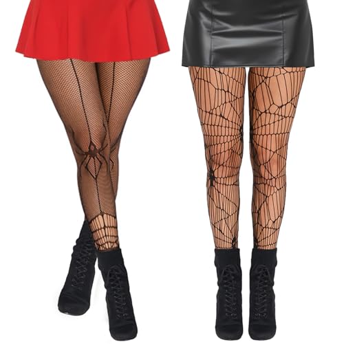 2 Pack dames Fishnet tights met spin web patroon zwart hoge waist elastische gotische visnet stockings voor vrouwen Halloween carnaval thema partij accessoires zwart 60, zwart
