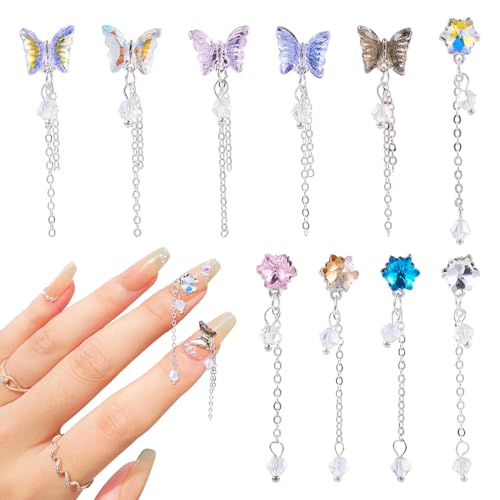 10 Styles Vlinder Bloemen 3D Nail Bedels met ketting Kleurrijke Facet Crystal Legering Glazen Cabochons voor DIY Handgemaakte nagel kunst decoratie accessoires