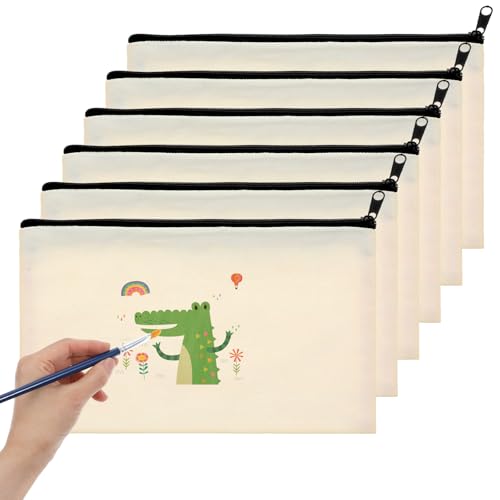 6 stuks blanco katoenen canvas DIY Craft ritstassen, Canvas rits zak, multifunctionele make-up zakken, potlood dozen, Travel Storage (Wit, 20,5 cm x 12 cm)