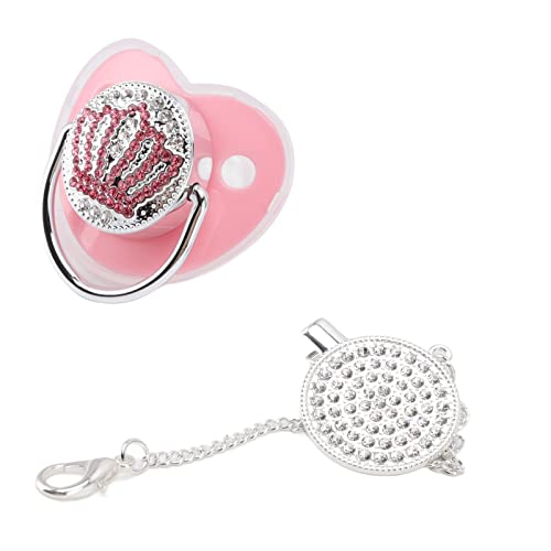 Bling Baby Pacifier, Rhinestone Crown Super Soft PP Silicone Materiaal BPA Vrij veilig Baby Fake Pacifier Maat M met kettingclip(Pink) 4