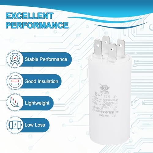 CBB60 5uF Starter condensator, 1 stuk, AC450 V, 4 pin, Universele elektrische motor condensator met veer, jas voor airconditioning, waterpompen, wit 4