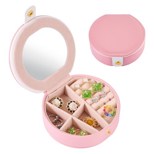 Draagbare sieraden doos met spiegel Ronde Mini lederen reis sieraden dozen ringen oorbellen geval kleine sieraden Circular Lock Organizer voor vrouw sieraden, roze