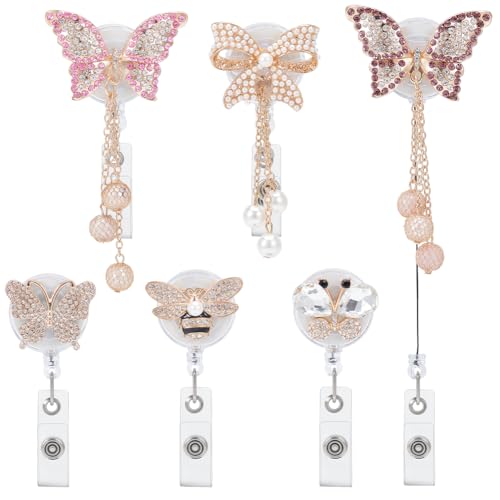 6 Stks 6 Stijlen Vlinder Intrekbare Badge Reels, Legering Strass Swivel Clip Badge Reel Vlinder ID Kaarthouders voor Leer Verpleegkundig Arts Werknemer Kantoor