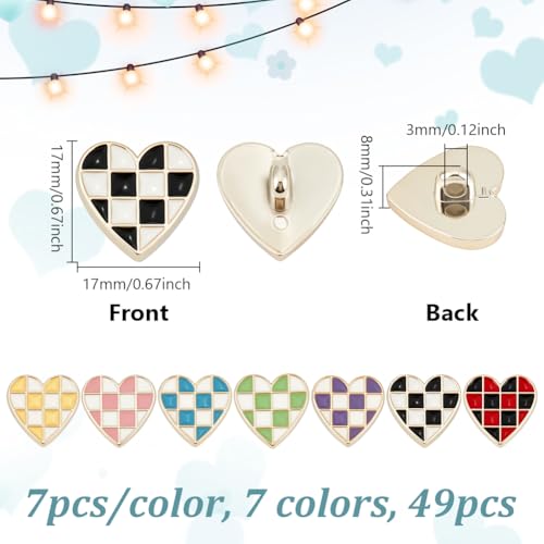 49st 7 Kleuren Shank Heart Buttons, 1,8cm Schaakbord Button Sets 1 Hole Check Naaiknop Hart met Tartan voor Jassen Suites Jassen Kleding Accessoires