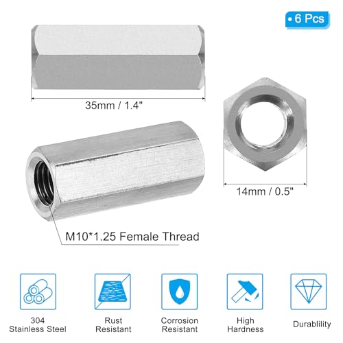 M10 x 1,25-Pitch 304 RVS Hex Clutch Noten, 6st 35mm Lengte Volledige Thread Connecting Elements, Silver Tone