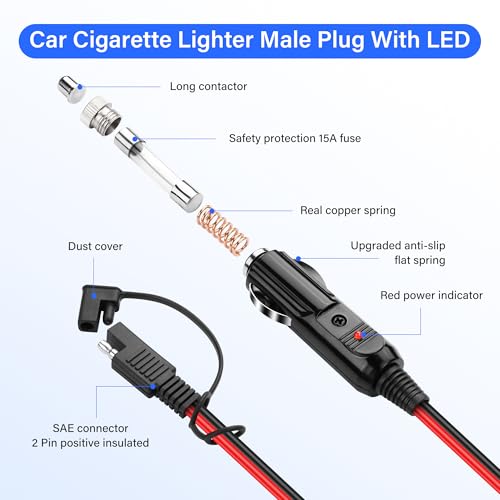 14AWG Sigarettenaansteker, SAE Battery Charging Cable, 12 V, Auto Sigarettenaanstekerplug voor waterdichte SAE Quick Release Adapter, Uitbreiding met Fuse en LED Lamp (3 Metres)