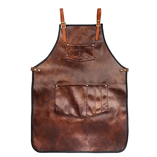 Kappersschorten, PU lederen kappersschorten keuken BBQ koken apron crossback riemen met zakken voor handwerk Grillen Smeden Lassen Bruin, Bruin