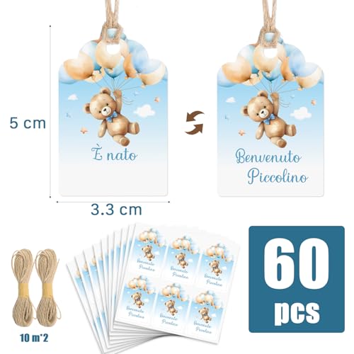 60 stuks etiketten voor baby geboorte in het Italiaans met touw (jongens)