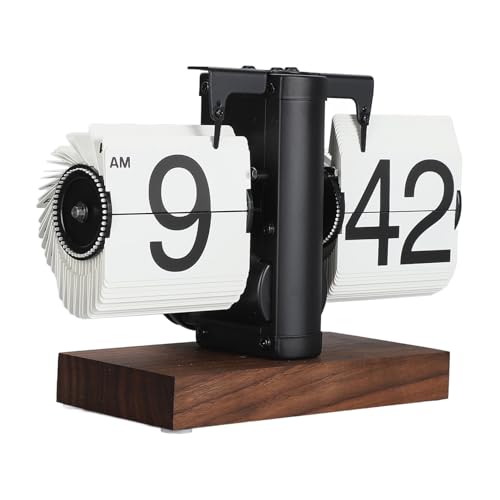 Grote gladde nummers en Retro Design Flip Clock met houten voetstuk digitale Flip Clock Automatic, Flip Up Clock Retro Flip Clock voor woonkamer, 12 uur (zwarte frame