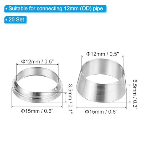 12mm Tube OD 304 roestvrij staal Compressie Tube passen Mouw, 10 Pack dubbele metalen ring slang passen Assortiment Kit, Zilver