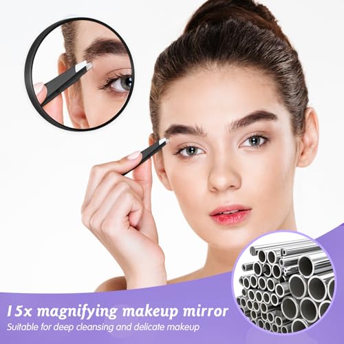 Vergrootspiegel, make-up spiegel, draagbare reis make-up spiegel, 15 x ronde vergrootspiegel met 2 Zuigbekers en Tweezers, Set voor vrouwen en mannen, wenkbrauw gezicht, Blackhead verwijdering 5