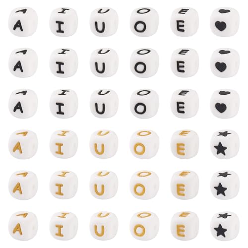 60 st Siliconen brief kralen A-E-I-O-U, 12 mm vierkant, 5 st/stijl, gemengde kleur, Perfect voor DIY Sieraden maken