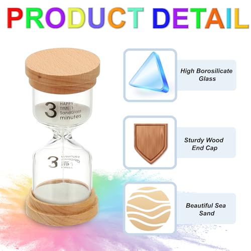 3 Minuten Zand Timer, 2 stuks Houten Zandhorloge, High Borosilicaatglas, Uurglass, Zandklok, voor Games, Klaslokaal, Keuken, Kantoor, Home Decoratie, Wit 3