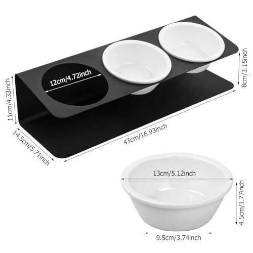 Cat Food Bowl, Raised Dog, 3 Ceramic Bowls, 250 ml, met 15° Helling Metal Stand, Drinkende Bowls voor Water en Voeder, Verhoogde Platen voor Puppies, Kittens, Anti-Medium, Zwart