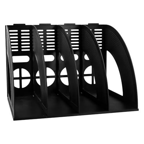 Magazine Stand with 4 Compartments, Verticale Bureau Magazine houder, Robuuste Plastic Organisator voor A4 Documenten, Boekhouder voor Office, School, Home (Zwart)